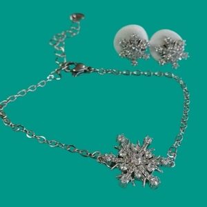 BOUTIQUE Stainless Steel Post Stud Snowflake Earrings And 8" Bracelet Jewelry
